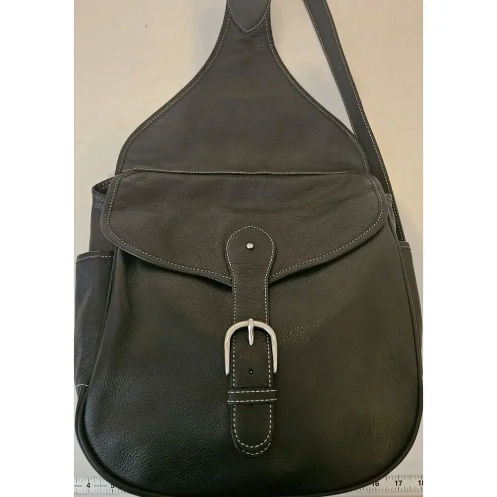 Levenger Black Leather Saddlebag Sling Backpack Bag Black EUC